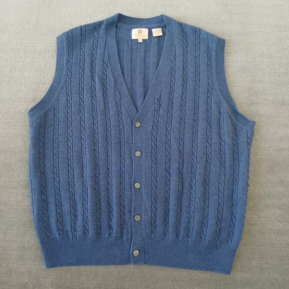 Viyella Merino Wool Sweater Vest Mens 2XL Blue Cable Knit Button Up Academic - Picture 1 of 8
